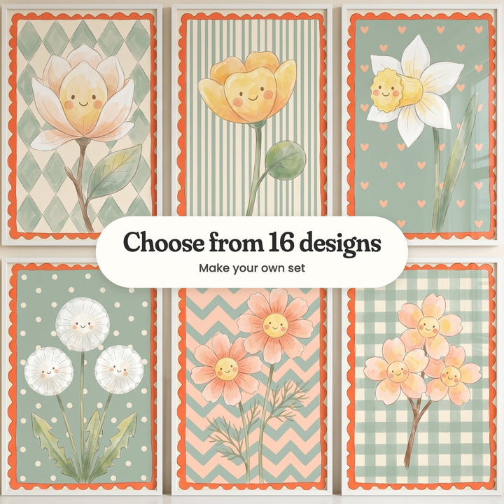 Six smiling flower prints with orange scalloped borders in white frames in two rows: a magnolia on sage diamonds, a yellow buttercup on sage stripes, a white daffodil on sage with peach hearts, three dandelion puffs on sage polka dots, two peach cosmos on peach and sage zigzags and three peach blossoms on sage gingham, with a label reading Choose from 16 designs, Make your own set