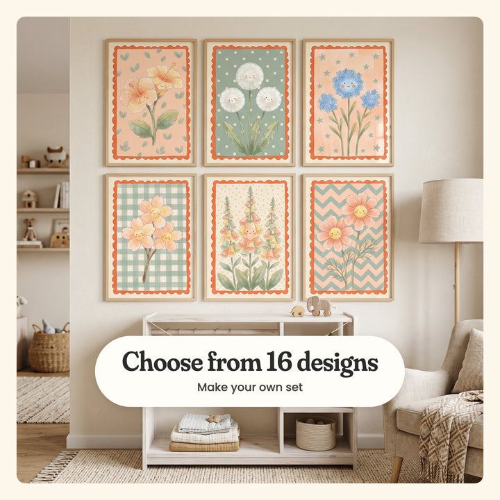 Kids' room with six smiling flower prints in light wood frames in two rows above a white open shelf with a wooden toy elephant, beside a cream armchair with a knit throw and a floor lamp: two hibiscus flowers on peach, three dandelion puffs, blue flower clusters on peach with stars, three peach blossoms on sage gingham, a row of foxgloves and two peach cosmos on zigzags, labeled Choose from 16 designs, Make your own set
