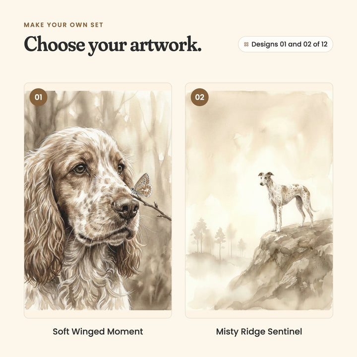 Designs 01 and 02 of 12: Soft Winged Moment, a cocker spaniel with a butterfly on its nose, and Misty Ridge Sentinel, a spotted whippet on a rocky ridge above misty pines