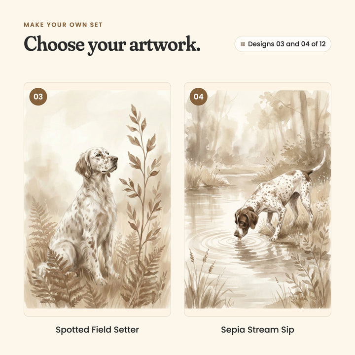 Designs 03 and 04 of 12: Spotted Field Setter, a speckled English setter among ferns, and Sepia Stream Sip, a German shorthaired pointer drinking from a stream