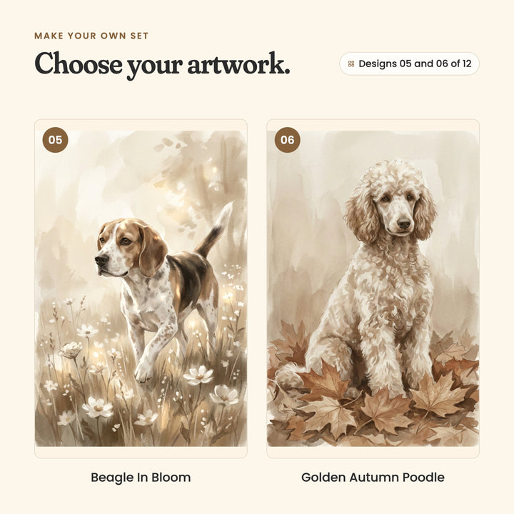 Designs 05 and 06 of 12: Beagle In Bloom, a beagle trotting through white wildflowers, and Golden Autumn Poodle, a cream poodle sitting in autumn leaves