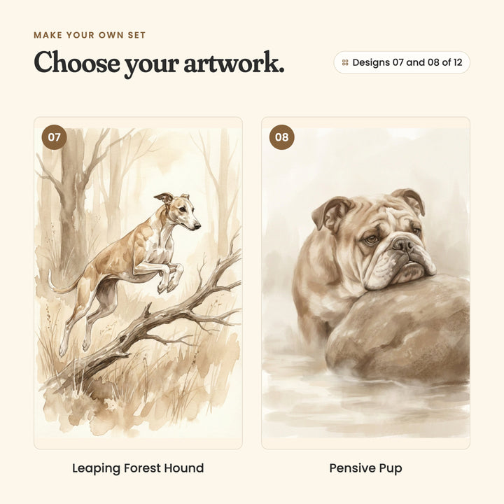Designs 07 and 08 of 12: Leaping Forest Hound, a whippet leaping a fallen branch, and Pensive Pup, an English bulldog resting its chin on a rock by water
