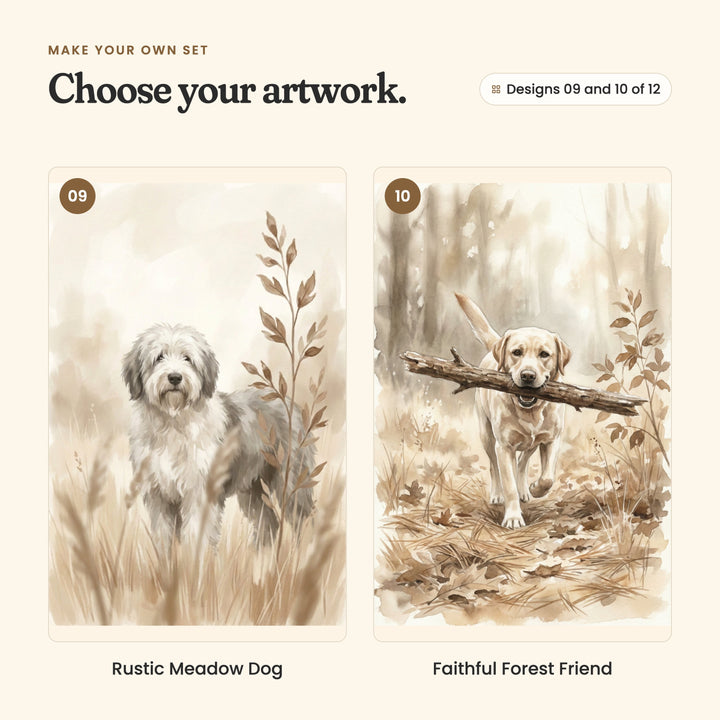 Designs 09 and 10 of 12: Rustic Meadow Dog, a shaggy grey and white sheepdog, and Faithful Forest Friend, a yellow Labrador carrying a big stick