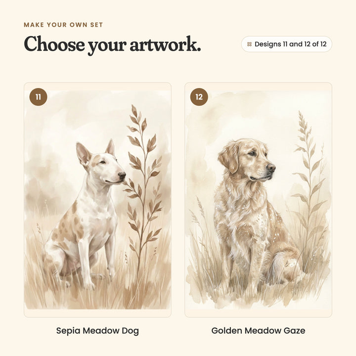 Designs 11 and 12 of 12: Sepia Meadow Dog, a bull terrier with fawn patches, and Golden Meadow Gaze, a golden retriever sitting in tall grass
