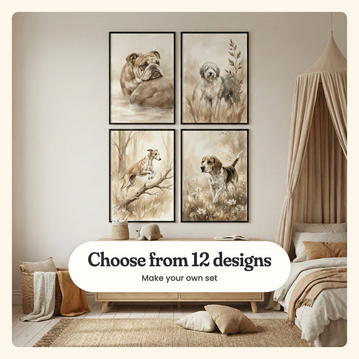 Nursery with four sepia dog prints in black frames in two rows on a white wall above a light wood console with a plush elephant, beside a canopy bed and floor cushions: a bulldog on a rock, a shaggy grey sheepdog, a whippet leaping a branch and a beagle in wildflowers, labeled Choose from 12 designs, Make your own set