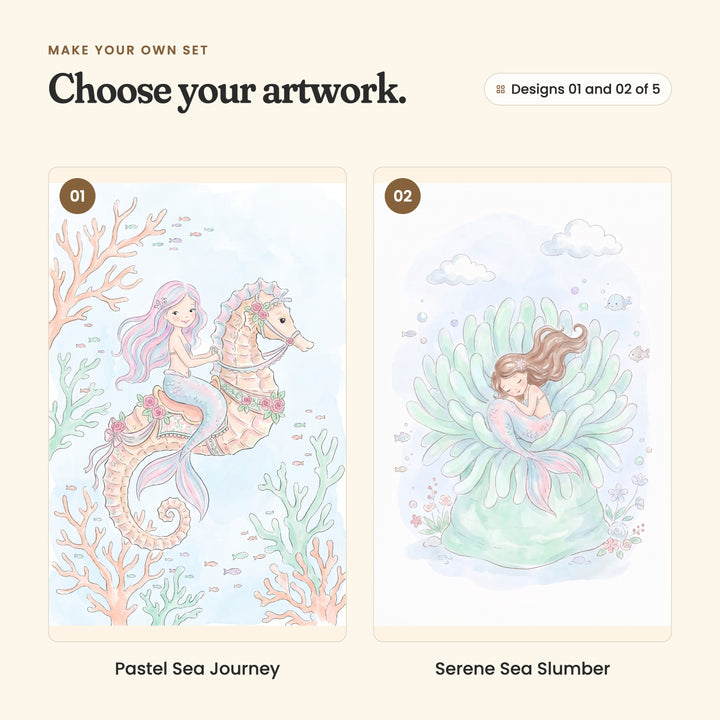 Designs 01 and 02 of 5: Pastel Sea Journey, a mermaid with pink and blue hair riding a big seahorse among coral, and Serene Sea Slumber, a mermaid curled up asleep in a green sea anemone