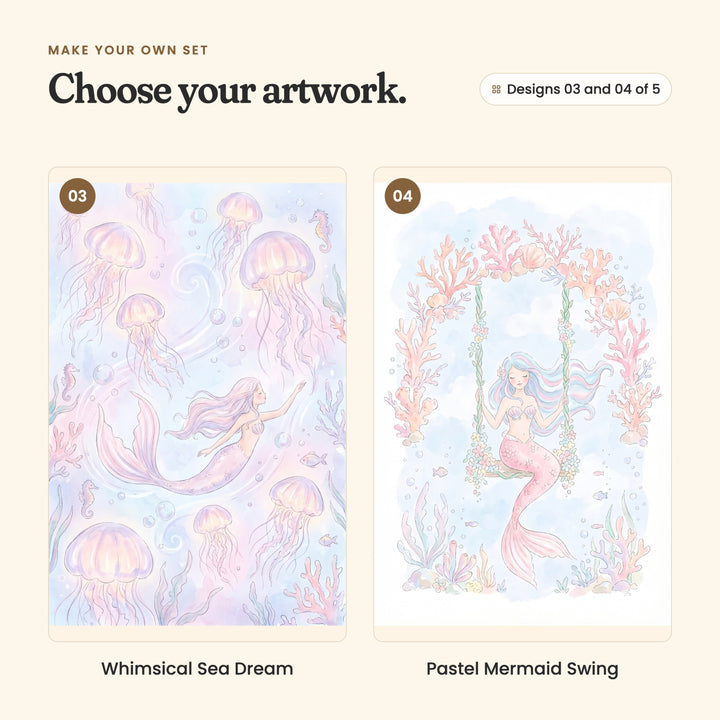 Designs 03 and 04 of 5: Whimsical Sea Dream, a mermaid swimming among glowing pink jellyfish and little seahorses, and Pastel Mermaid Swing, a mermaid sitting on a flower swing under an arch of coral