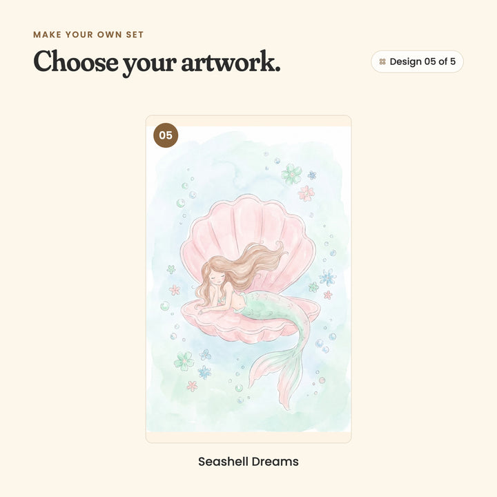 Design 05 of 5: Seashell Dreams, a mermaid asleep inside an open pink scallop shell