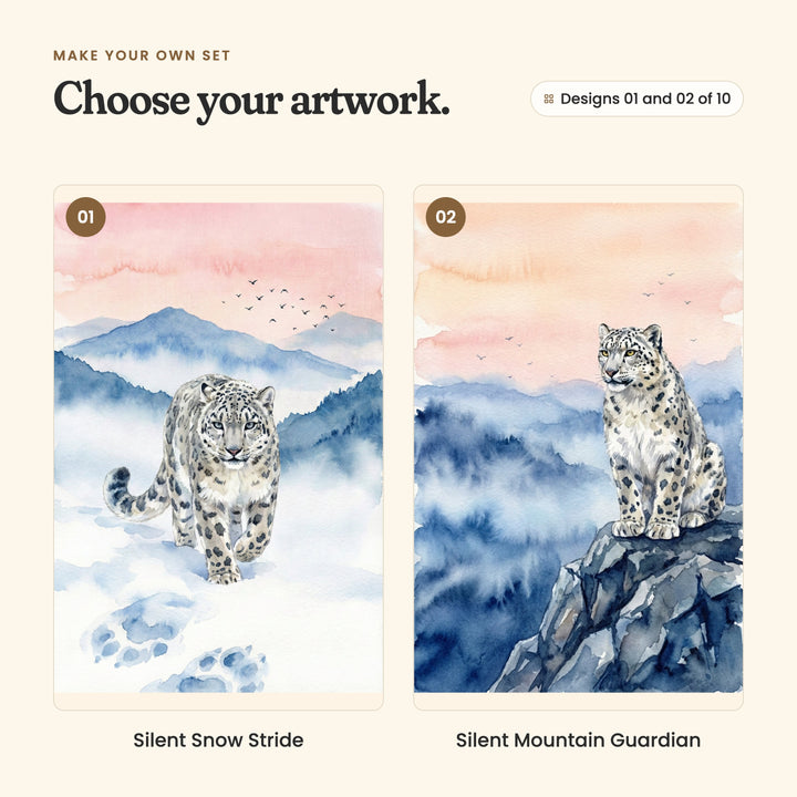 Designs 01 and 02 of 10: Silent Snow Stride, a snow leopard walking toward you through fresh snow, and Silent Mountain Guardian, a snow leopard sitting on a rocky peak above the mist