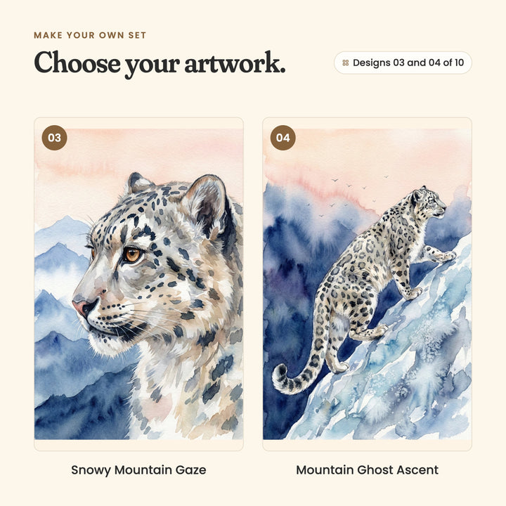 Designs 03 and 04 of 10: Snowy Mountain Gaze, a close-up of a snow leopard's face in profile, and Mountain Ghost Ascent, a snow leopard climbing a snowy slope