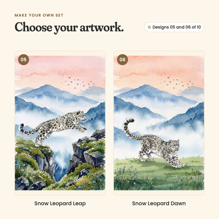 Designs 05 and 06 of 10: Snow Leopard Leap, a snow leopard leaping between two mossy cliffs, and Snow Leopard Dawn, a snow leopard prowling across a green meadow