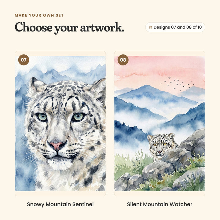 Designs 07 and 08 of 10: Snowy Mountain Sentinel, a close-up of a snow leopard looking straight at you, and Silent Mountain Watcher, a snow leopard peeking out from behind grassy rocks