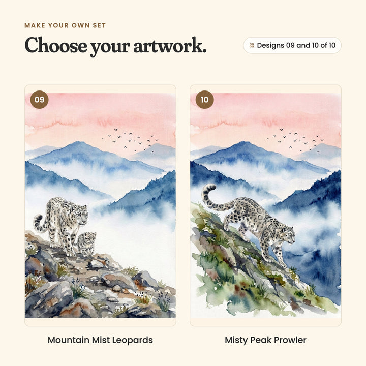Designs 09 and 10 of 10: Mountain Mist Leopards, a mother snow leopard and her cub on a rocky ledge, and Misty Peak Prowler, a snow leopard stepping down a grassy slope