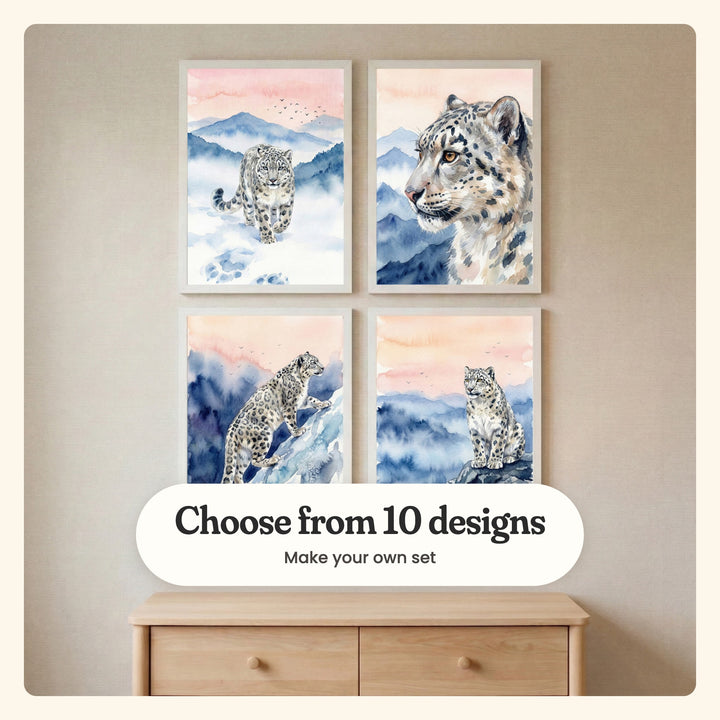 Nursery with four snow leopard prints in pale frames in two rows above a light wood dresser: Silent Snow Stride, Snowy Mountain Gaze, Mountain Ghost Ascent and Silent Mountain Guardian, labeled Choose from 10 designs, Make your own set