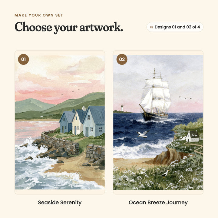 Designs 01 and 02 of 4: Seaside Serenity, blue cottages on a stone sea wall as the waves crash in, and Ocean Breeze Journey, a tall ship with white sails passing a grassy headland with a cottage and seagulls