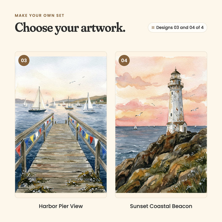 Designs 03 and 04 of 4: Harbor Pier View, a wooden pier hung with colorful flags, leading out to sailboats, and Sunset Coastal Beacon, a white lighthouse on a rocky point under a pink sunset