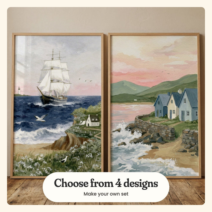 Close view of two seaside prints in light wood frames leaning on a wood floor: Ocean Breeze Journey and Seaside Serenity, labeled Choose from 4 designs, Make your own set
