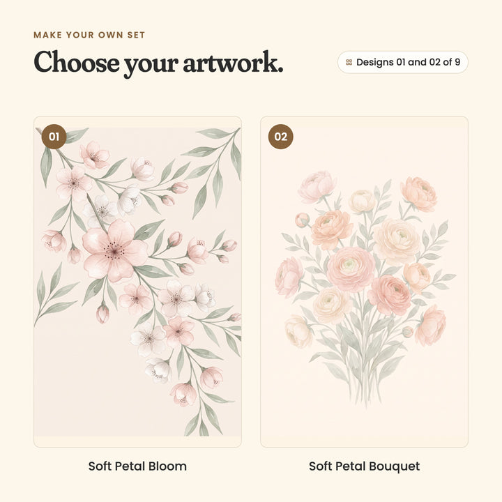 Designs 01 and 02 of 9: Soft Petal Bloom, pale pink blossom branches sweeping in from the top corner, and Soft Petal Bouquet, a bouquet of peach and blush ranunculus