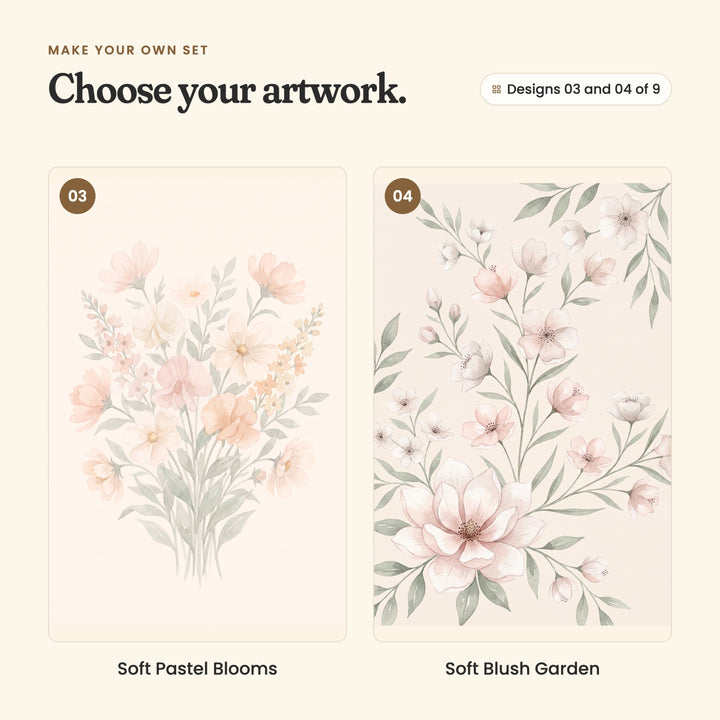 Designs 03 and 04 of 9: Soft Pastel Blooms, a loose bouquet of peach and blush wildflowers, and Soft Blush Garden, blossom stems rising from a large open blush bloom