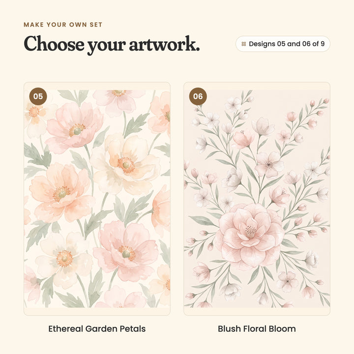 Designs 05 and 06 of 9: Ethereal Garden Petals, an all-over pattern of large peach and cream poppies, and Blush Floral Bloom, blossom sprays around a full blush rose