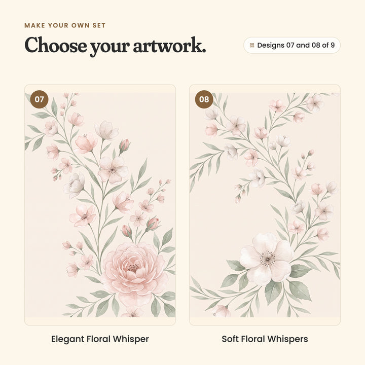 Designs 07 and 08 of 9: Elegant Floral Whisper, blossom stems with a pink peony at the bottom, and Soft Floral Whispers, blossom stems with one large white bloom