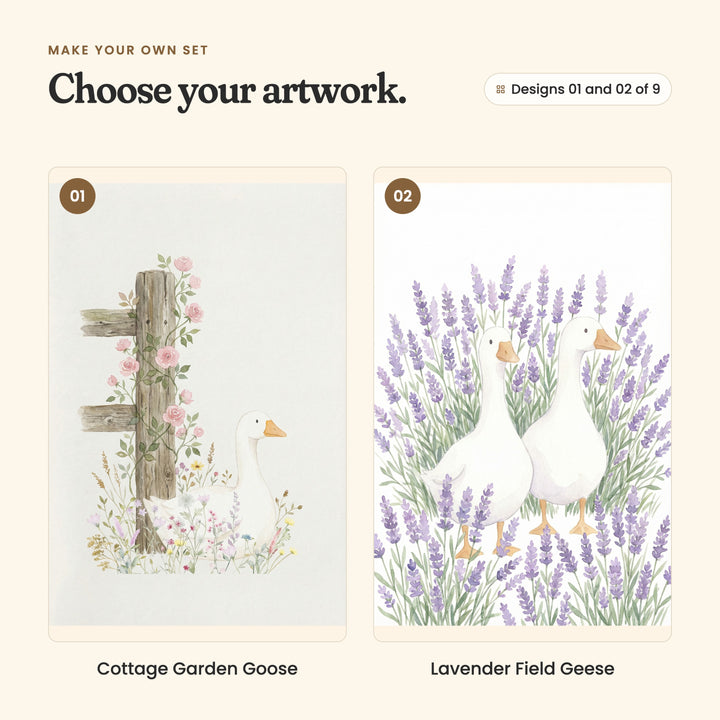 Designs 01 and 02 of 9: Cottage Garden Goose, a white goose beside a wooden fence post climbing with pink roses, and Lavender Field Geese, two white geese standing side by side in tall lavender