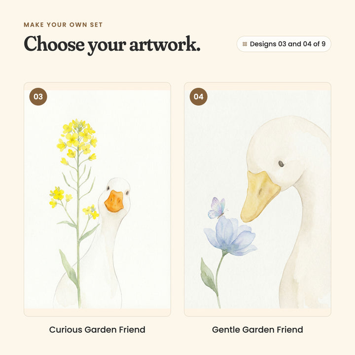 Designs 03 and 04 of 9: Curious Garden Friend, a white goose peeking up beside a tall yellow wildflower, and Gentle Garden Friend, a close view of a white goose meeting a little blue butterfly on a blue flower