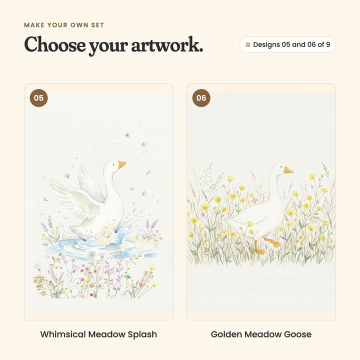 Designs 05 and 06 of 9: Whimsical Meadow Splash, a white goose flapping its wings in a puddle among wildflowers, and Golden Meadow Goose, a white goose walking through yellow buttercups
