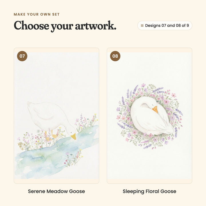 Designs 07 and 08 of 9: Serene Meadow Goose, a white goose bending to sip from a pale blue stream lined with flowers, and Sleeping Floral Goose, a white goose curled up asleep inside a ring of lavender and pink flowers