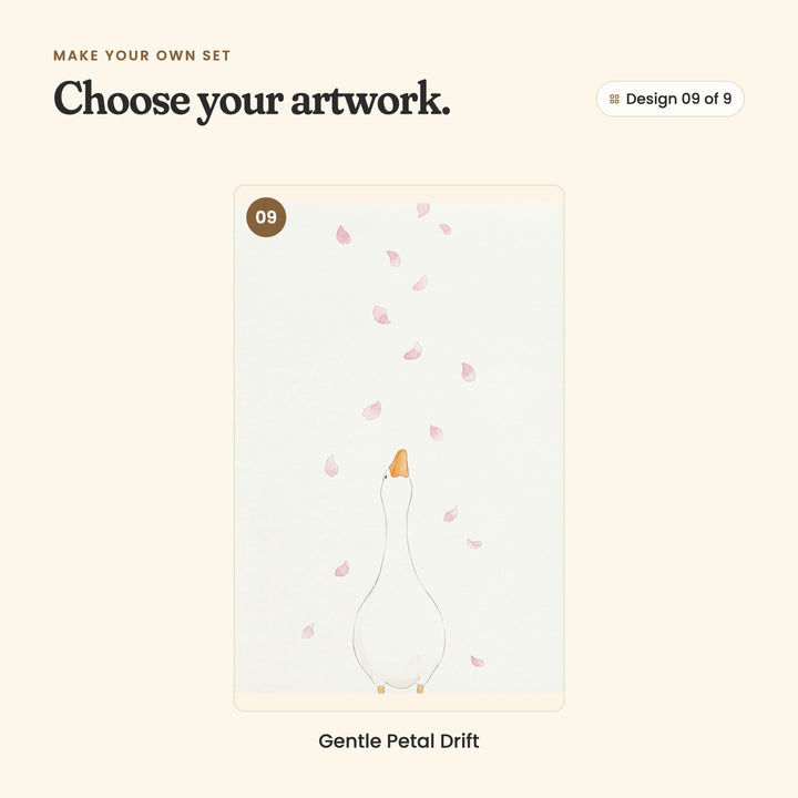 Design 09 of 9: Gentle Petal Drift, a white goose looking up at pink petals drifting down