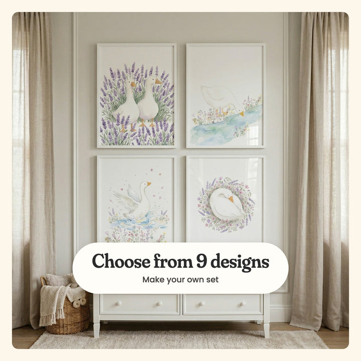 Nursery wall between linen curtains with four goose prints in white frames in two rows above a white dresser and a woven basket: Lavender Field Geese, Serene Meadow Goose, Whimsical Meadow Splash and Sleeping Floral Goose, labeled Choose from 9 designs, Make your own set