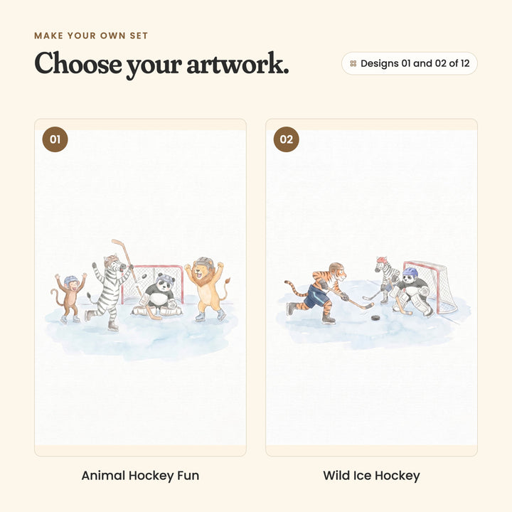 Designs 01 and 02 of 12: Animal Hockey Fun, a monkey, a zebra and a lion cheering on the ice as the puck flies past a panda goalie, and Wild Ice Hockey, a tiger skating in with the puck toward a panda goalie, with a zebra by the net