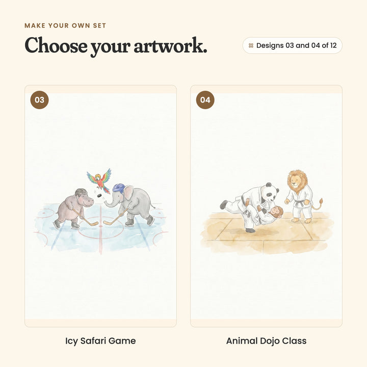 Designs 03 and 04 of 12: Icy Safari Game, a hippo and an elephant facing off at center ice as a parrot drops the puck, and Animal Dojo Class, a panda throwing a monkey to the mat in judo as a lion in a black belt looks on