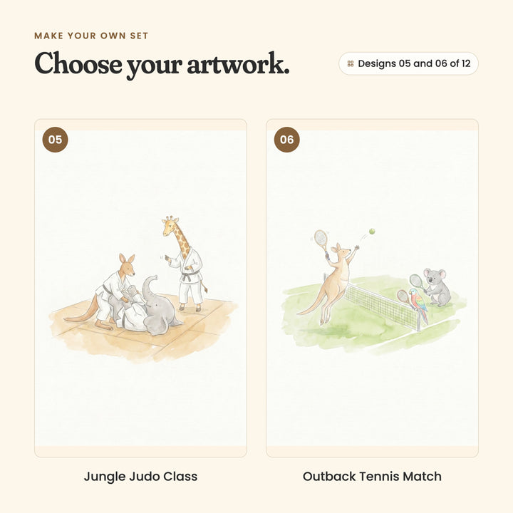 Designs 05 and 06 of 12: Jungle Judo Class, a kangaroo holding an elephant down on the mat as a giraffe in a black belt watches, and Outback Tennis Match, a kangaroo leaping to hit a tennis ball, with a koala and a parrot holding rackets by the net