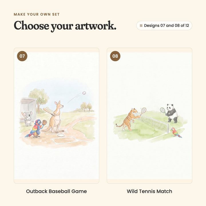 Designs 07 and 08 of 12: Outback Baseball Game, a kangaroo at bat with a parrot catcher and a koala waiting its turn, and Wild Tennis Match, a tiger and a panda playing tennis across the net as a parrot holds a ball
