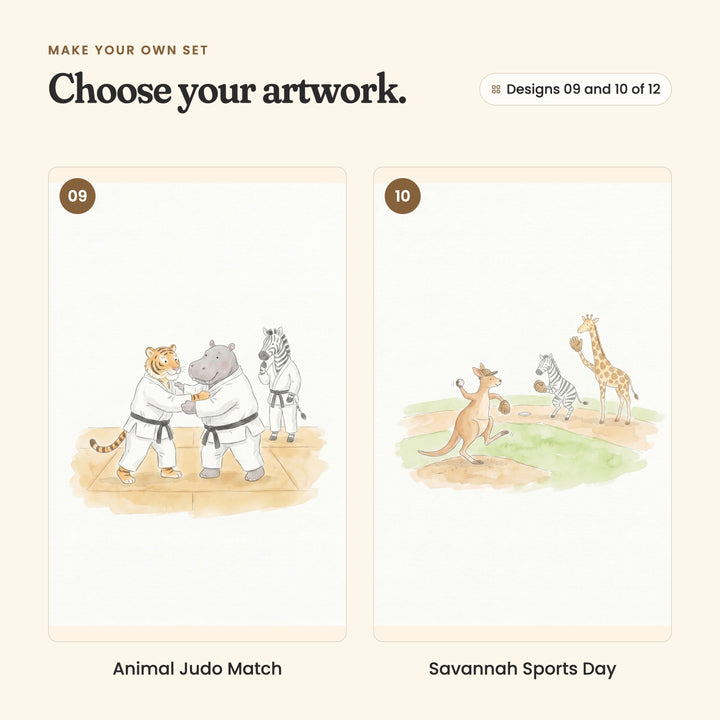 Designs 09 and 10 of 12: Animal Judo Match, a tiger and a hippo gripping each other's judo jackets as a zebra in a black belt watches, and Savannah Sports Day, a kangaroo in a cap throwing a baseball to a zebra and a giraffe in baseball gloves