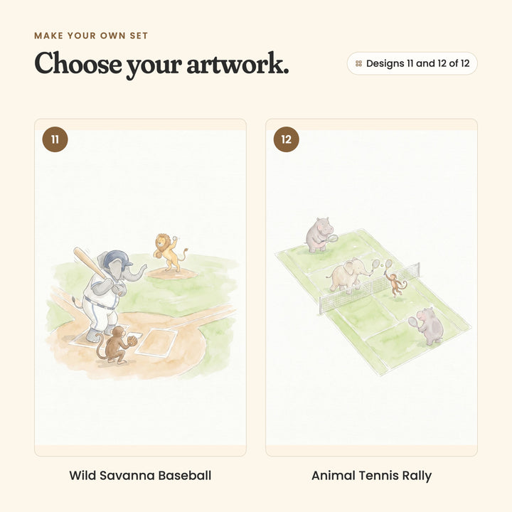 Designs 11 and 12 of 12: Wild Savanna Baseball, an elephant at bat with a monkey catcher as a lion pitches, and Animal Tennis Rally, two hippos, an elephant and a monkey playing doubles tennis, seen from above
