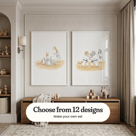 Pale grey panelled room with two judo prints in white frames above a wood bench with a knit throw, a wooden toy car, wooden blocks and a felt toy dog, beside a wall light, arched shelves with wooden toys and a teddy bear, and a linen curtain: Jungle Judo Class and Animal Judo Match, with a label reading Choose from 12 designs, Make your own set