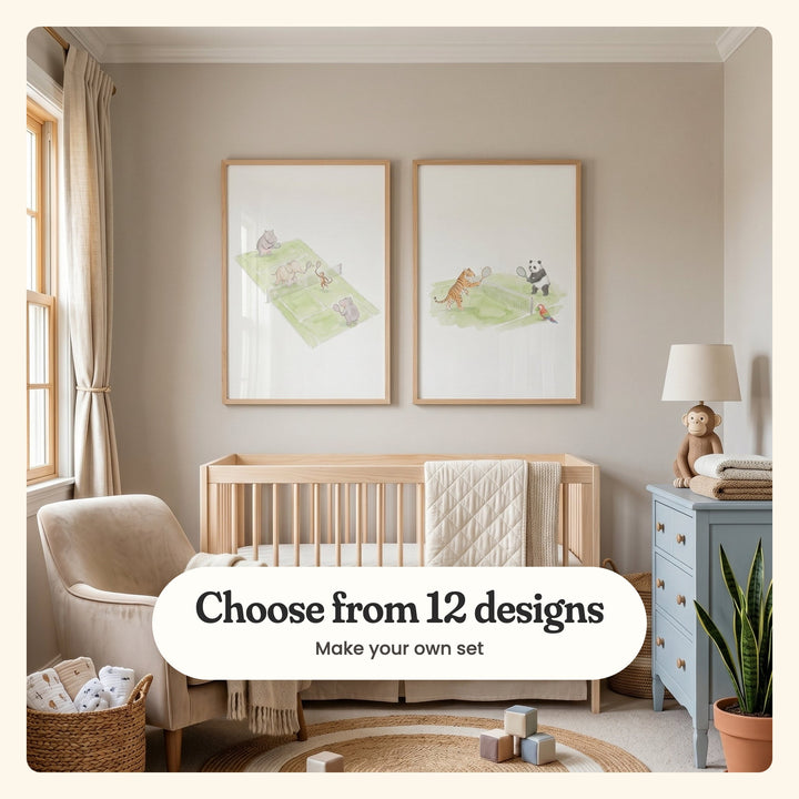 Greige nursery with two tennis prints in light wood frames above a light wood crib with a quilted blanket, beside a beige armchair, a basket of muslins, a blue dresser with a table lamp and a plush monkey, a snake plant and wooden blocks on a round jute rug: Animal Tennis Rally and Wild Tennis Match, labeled Choose from 12 designs, Make your own set