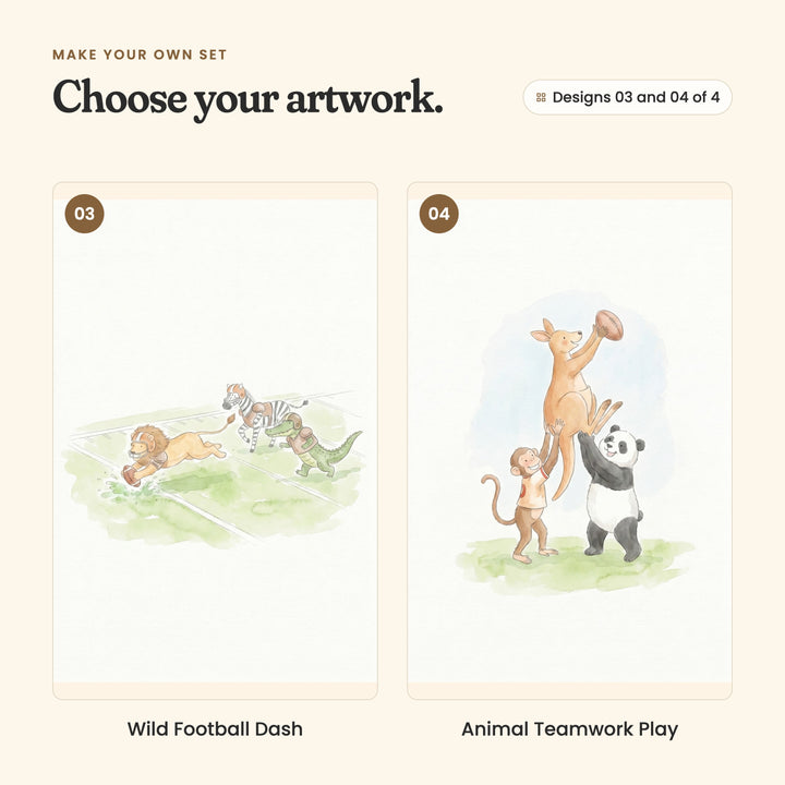Designs 03 and 04 of 4: Wild Football Dash, a lion diving over the line with the ball, chased by a zebra and a crocodile, and Animal Teamwork Play, a kangaroo leaping to catch the ball, lifted by a monkey and a panda