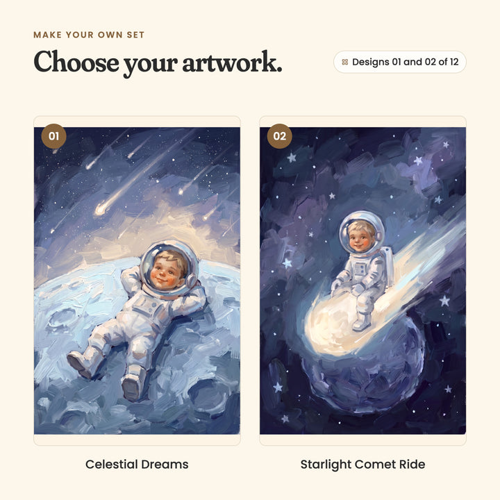 Designs 01 and 02 of 12: Celestial Dreams, a little astronaut lying back on the moon under shooting stars, and Starlight Comet Ride, a little astronaut riding a glowing comet past a planet