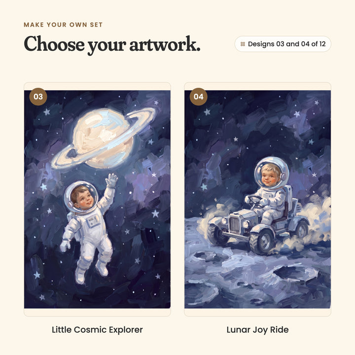 Designs 03 and 04 of 12: Little Cosmic Explorer, a little astronaut waving up at a ringed planet, and Lunar Joy Ride, a little astronaut driving a moon buggy across the craters