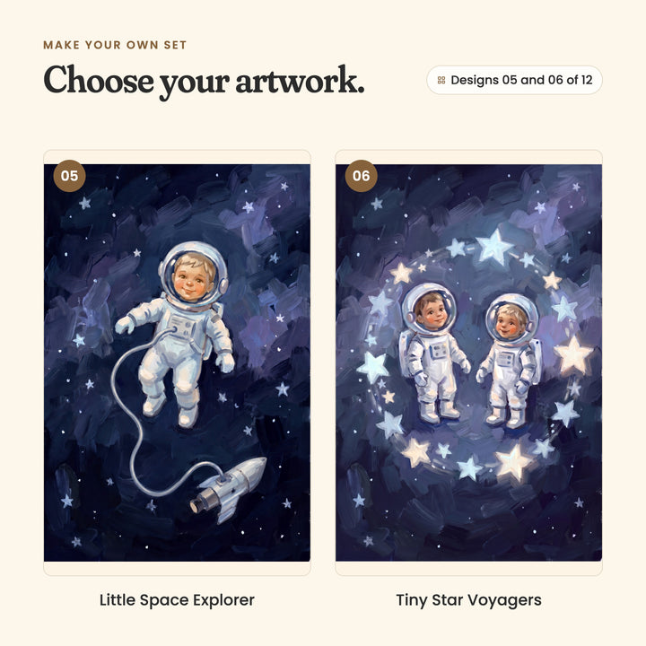 Designs 05 and 06 of 12: Little Space Explorer, a little astronaut floating on a line tied to a rocket, and Tiny Star Voyagers, two little astronauts inside a ring of glowing stars