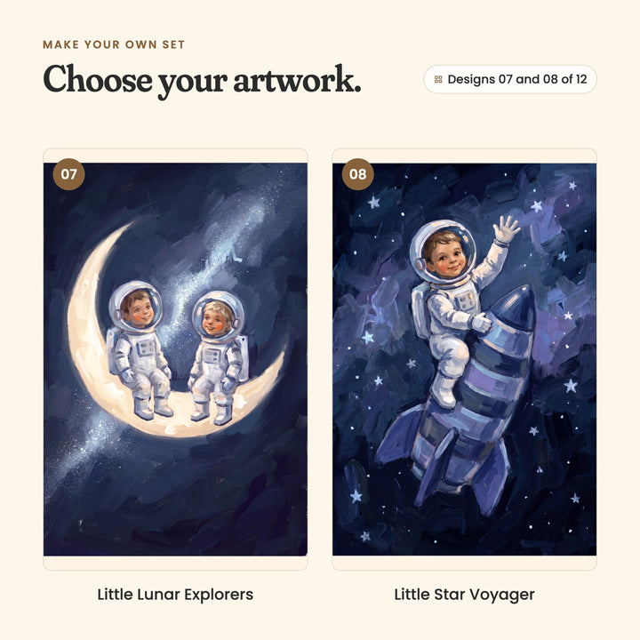 Designs 07 and 08 of 12: Little Lunar Explorers, two little astronauts sitting on a crescent moon, and Little Star Voyager, a little astronaut riding a striped rocket and waving