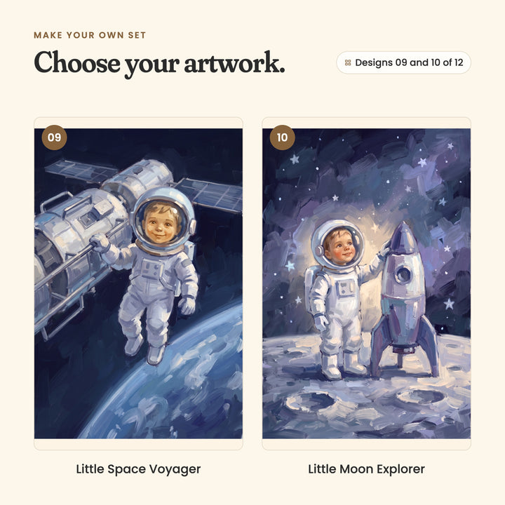 Designs 09 and 10 of 12: Little Space Voyager, a little astronaut floating beside a space station above a blue planet, and Little Moon Explorer, a little astronaut beside a silver rocket on the moon