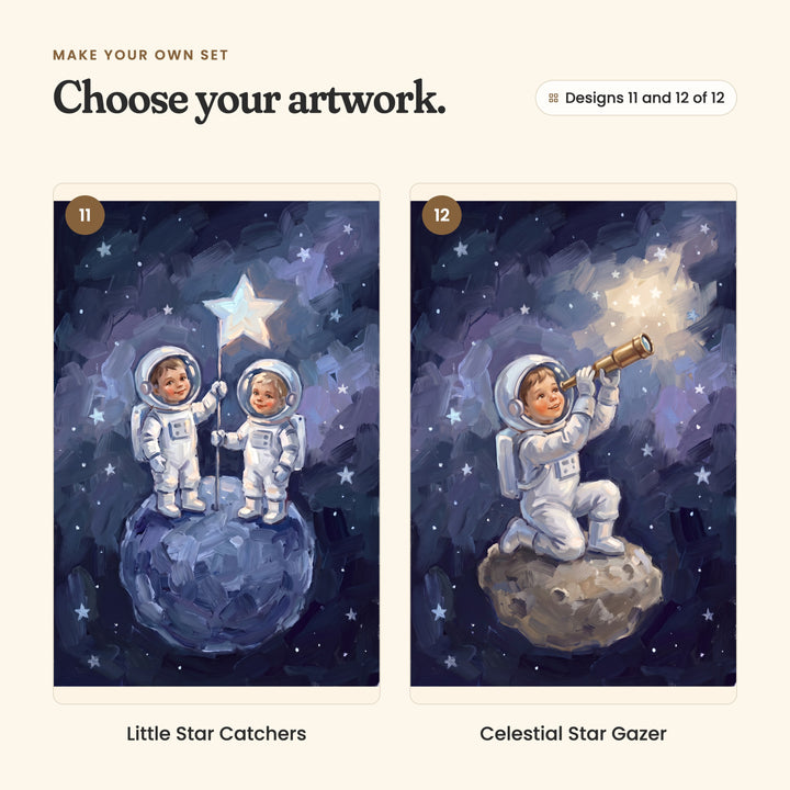 Designs 11 and 12 of 12: Little Star Catchers, two little astronauts holding a star flag on a little planet, and Celestial Star Gazer, a little astronaut kneeling on a rock with a gold telescope