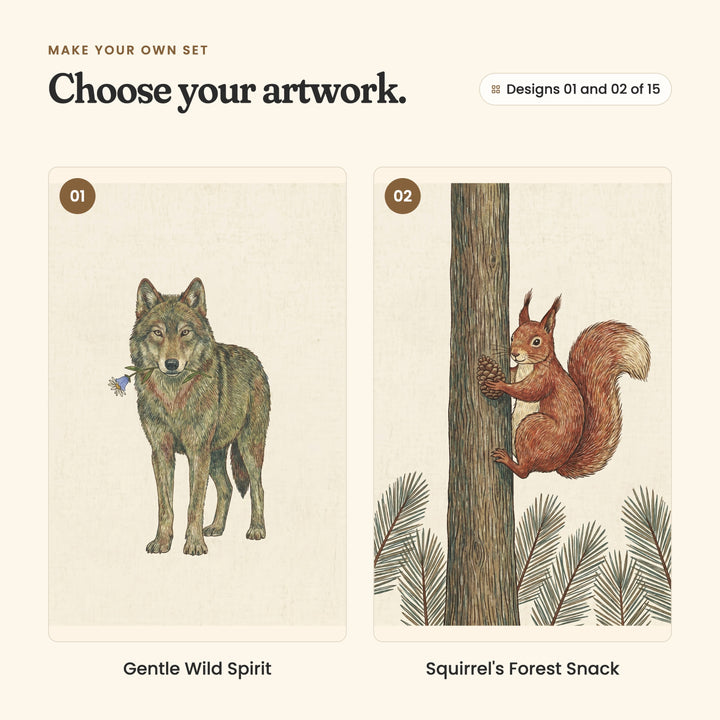 Designs 01 and 02 of 15: Gentle Wild Spirit, a wolf with a blue flower in its mouth, and Squirrel's Forest Snack, a red squirrel holding a pinecone on a tree trunk