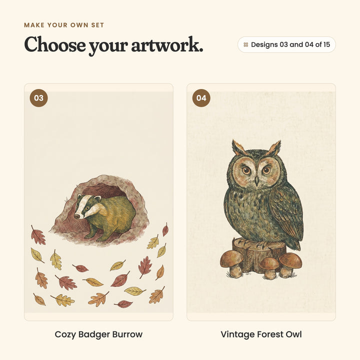 Designs 03 and 04 of 15: Cozy Badger Burrow, a badger peeking out of its burrow among autumn leaves, and Vintage Forest Owl, an owl on a stump between mushrooms