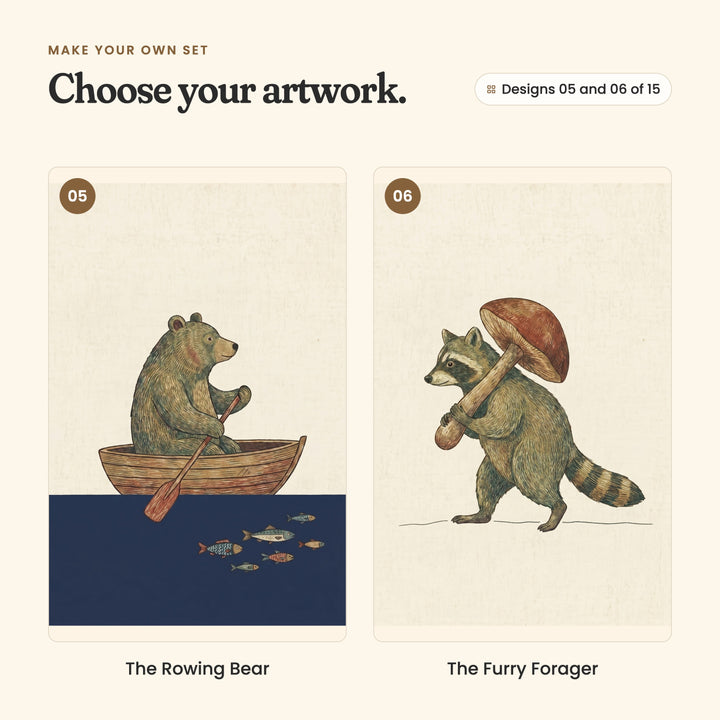 Designs 05 and 06 of 15: The Rowing Bear, a bear rowing a wooden boat over navy water, and The Furry Forager, a raccoon carrying a big mushroom