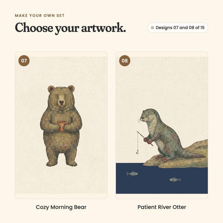 Designs 07 and 08 of 15: Cozy Morning Bear, a standing bear holding a mug, and Patient River Otter, an otter fishing from a rock above navy water